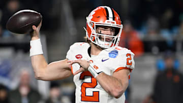 Dec 7, 2024; Charlotte, NC, USA; Clemson Tigers quarterback Cade Klubnik (2) throws during the third quarter against the Southern Methodist Mustangs in the 2024 ACC Championship game at Bank of America Stadium.