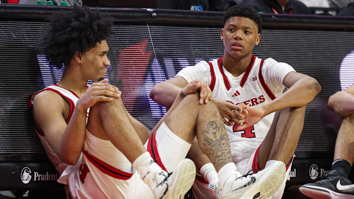 Rutgers Scarlet Knights guard Dylan Harper (2) and Rutgers Scarlet Knights guard Ace Bailey looks on during the second half