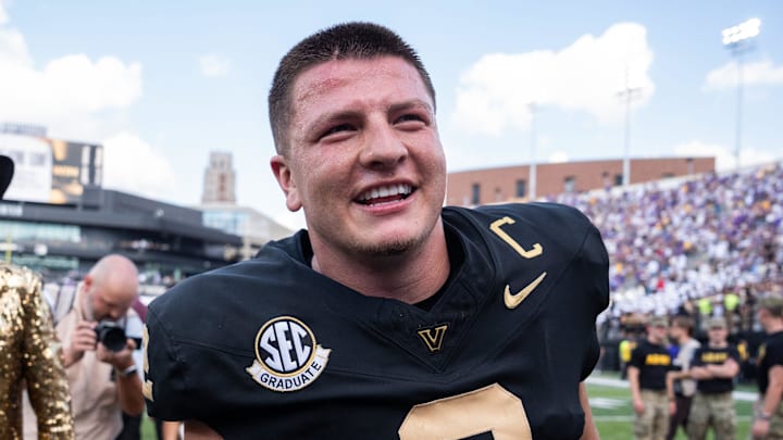 Vanderbilt quarterback Diego Pavia (2) celebrates following the game between Vanderbilt University and Louisiana State University at FirstBank Stadium in Nashville, Tenn., Saturday, Oct. 18, 2025.