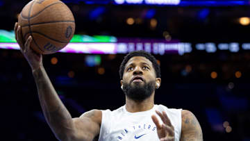 Nov 12, 2024; Philadelphia, Pennsylvania, USA; Philadelphia 76ers forward Paul George before action against the New York Knicks at Wells Fargo Center. Mandatory Credit: Bill Streicher-Imagn Images