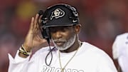 Sep 12, 2025; Houston, Texas, USA; Colorado Buffaloes head coach Deion Sanders reacts during the second quarter against the Houston Cougars at TDECU Stadium. Mandatory Credit: Troy Taormina-Imagn Images