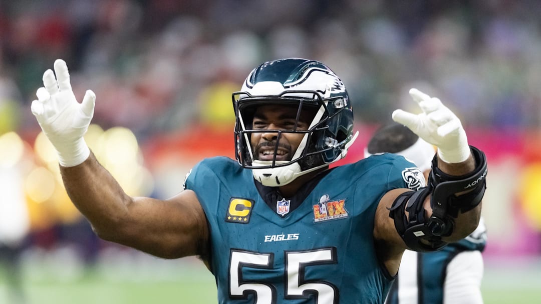 Feb 9, 2025; New Orleans, LA, USA; Philadelphia Eagles defensive end Brandon Graham (55) against the Kansas City Chiefs during Super Bowl LIX at Ceasars Superdome. Mandatory Credit: Mark J. Rebilas-Imagn Images