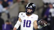 Nov 15, 2025; Provo, Utah, USA; Texas Christian University Horned Frogs quarterback Josh Hoover (10) warms up before the game against the BYU Cougars at LaVell Edwards Stadium. Mandatory Credit: Rob Gray-Imagn Images