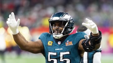 Feb 9, 2025; New Orleans, LA, USA; Philadelphia Eagles defensive end Brandon Graham (55) against the Kansas City Chiefs during Super Bowl LIX at Ceasars Superdome. Mandatory Credit: Mark J. Rebilas-Imagn Images