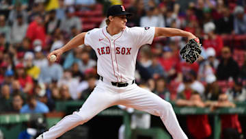 Sep 29, 2024; Boston, Massachusetts, USA;  Boston Red Sox starting pitcher Quinn Priester (68) pitches during the first inning against the Tampa Bay Rays at Fenway Park. Mandatory Credit: Bob DeChiara-Imagn Images