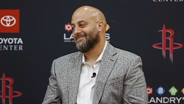 Jun 24, 2022; Houston, Texas, USA; Houston Rockets general manager Rafael Stone reacts during a press conference at Toyota Center. Mandatory Credit: Troy Taormina-Imagn Images