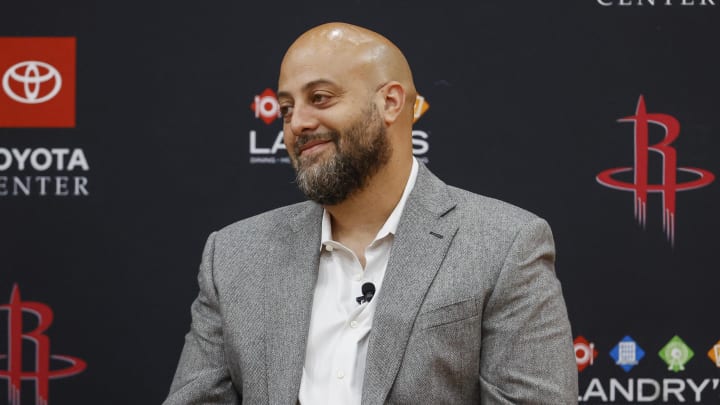 Jun 24, 2022; Houston, Texas, USA; Houston Rockets general manager Rafael Stone reacts during a