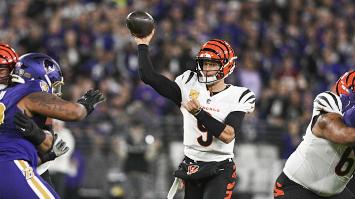 Cincinnati Bengals quarterback Joe Burrow throws from the pocket during the first quarter against the Baltimore Ravens. Cincinnati Bengals quarterback Joe Burrow throws from the pocket during the first quarter against the Baltimore Ravens.
