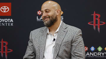Houston Rockets general manager Rafael Stone reacts during a press conference at Toyota Center.