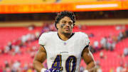 Sep 28, 2025; Kansas City, Missouri, USA; Baltimore Ravens linebacker Teddye Buchanan (40) leaves the field after a game against the Kansas City Chiefs at GEHA Field at Arrowhead Stadium. Mandatory Credit: Jay Biggerstaff-Imagn Images