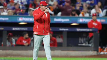 Oct 8, 2024; New York City, New York, USA; Philadelphia Phillies manager Rob Thomson (59) walks to the mound in the seventh inning against the New York Mets during game three of the NLDS for the 2024 MLB Playoffs at Citi Field. Mandatory Credit: Brad Penner-Imagn Images