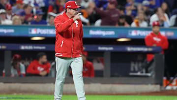 Oct 8, 2024; New York City, New York, USA; Philadelphia Phillies manager Rob Thomson (59) walks to the mound in the seventh inning against the New York Mets during game three of the NLDS for the 2024 MLB Playoffs at Citi Field. Mandatory Credit: Brad Penner-Imagn Images
