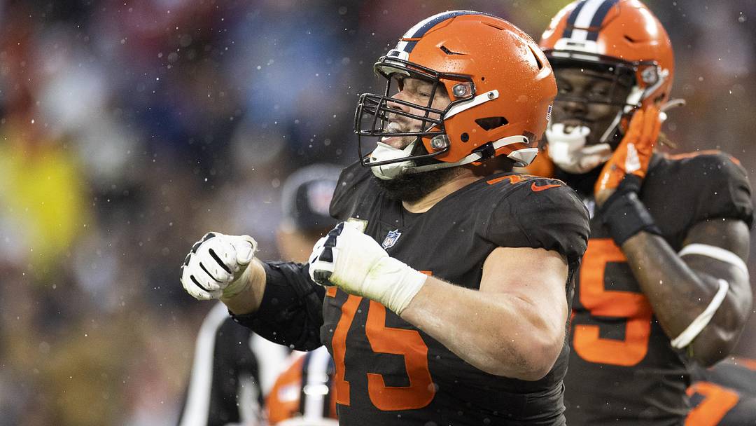 Nov 27, 2022; Cleveland, Ohio, USA; Cleveland Browns guard Joel Bitonio (75) celebrates the team   s overtime win against the Tampa Bay Buccaneers at FirstEnergy Stadium. Mandatory Credit: Scott Galvin-Imagn Images