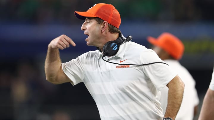 Dec 29, 2018; Arlington, TX, United States; Clemson Tigers head coach Dabo Swinney argues a call in the second half against the Notre Dame Fighting Irish in the 2018 Cotton Bowl college football playoff semifinal game at AT&T Stadium.