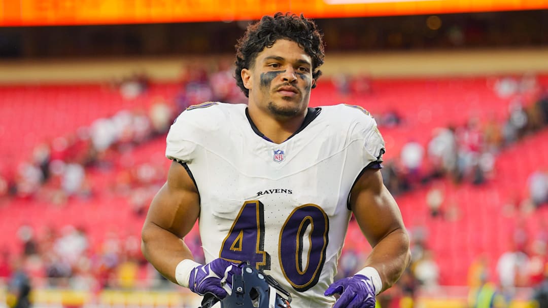 Sep 28, 2025; Kansas City, Missouri, USA; Baltimore Ravens linebacker Teddye Buchanan (40) leaves the field after a game against the Kansas City Chiefs at GEHA Field at Arrowhead Stadium. Mandatory Credit: Jay Biggerstaff-Imagn Images
