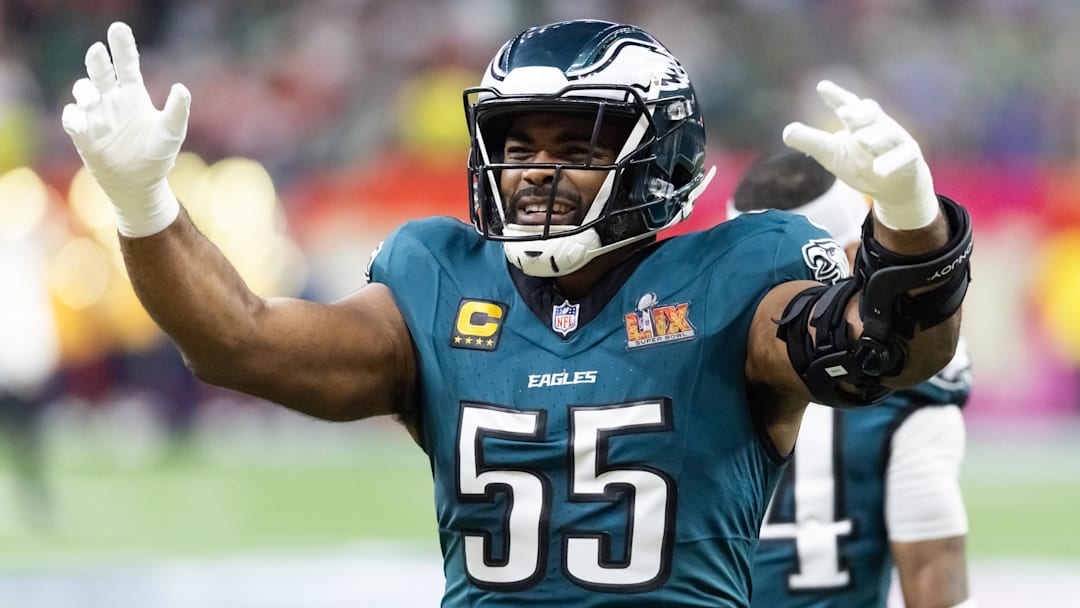 Feb 9, 2025; New Orleans, LA, USA; Philadelphia Eagles defensive end Brandon Graham (55) against the Kansas City Chiefs during Super Bowl LIX at Ceasars Superdome. Mandatory Credit: Mark J. Rebilas-Imagn Images