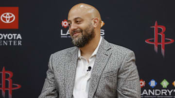 Jun 24, 2022; Houston, Texas, USA; Houston Rockets general manager Rafael Stone reacts during a press conference at Toyota Center. Mandatory Credit: Troy Taormina-Imagn Images