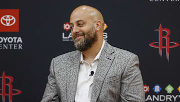 Jun 24, 2022; Houston, Texas, USA; Houston Rockets general manager Rafael Stone reacts during a press conference at Toyota Center. Mandatory Credit: Troy Taormina-Imagn Images