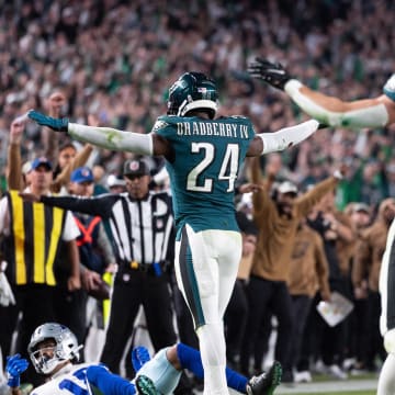 Nov 5, 2023; Philadelphia, Pennsylvania, USA; Philadelphia Eagles cornerback James Bradberry (24) reacts after breaking up a pass attempt to Dallas Cowboys wide receiver Jalen Tolbert (18) during the fourth quarter at Lincoln Financial Field. Mandatory Credit: Bill Streicher-USA TODAY Sports