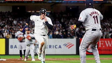 Oct 15, 2024; Bronx, New York, USA; New York Yankees first base Anthony Rizzo (48) is caught in a pickle during the sixth inning against the Cleveland Guardians in game two of the ALCS for the 2024 MLB Playoffs at Yankee Stadium. Mandatory Credit: Vincent Carchietta-Imagn Images