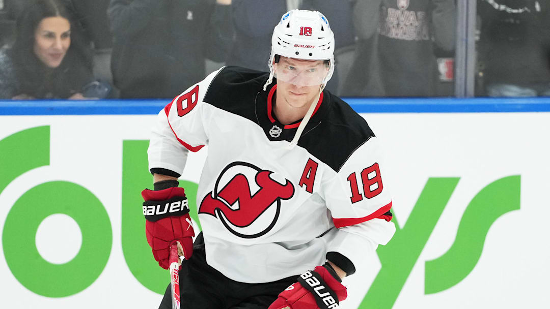 Dec 30, 2025; Toronto, Ontario, CAN; New Jersey Devils left wing Ondrej Palat (18) skates during the warmup before a game against the Toronto Maple Leafs at Scotiabank Arena. Mandatory Credit: Nick Turchiaro-Imagn Images