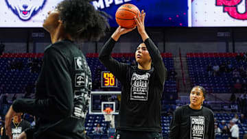UConn Huskies center Jana El Alfy and teammates warm up before the start of the game against the St. John's Red Storm.