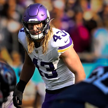 Nov 17, 2024; Nashville, Tennessee, USA;  Minnesota Vikings linebacker Andrew Van Ginkel (43) sneaks a peak into the backfield  against the Tennessee Titans during the second half at Nissan Stadium.