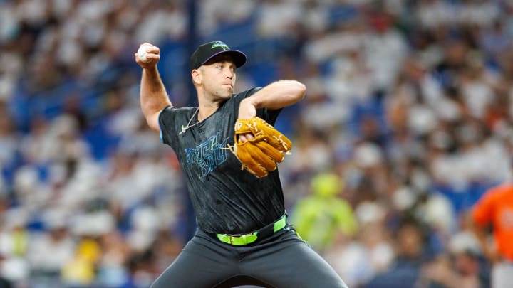 Jun 8, 2024; St. Petersburg, Florida, USA;  Tampa Bay Rays pitcher Jason Adam (47) throws a pitch against the Baltimore Orioles in the eighth inning at Tropicana Field. Mandatory Credit: Nathan Ray Seebeck-USA TODAY Sports