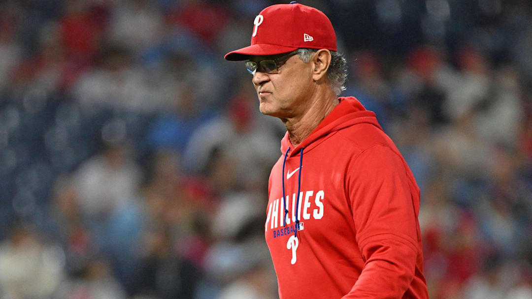 May 6, 2026; Philadelphia, Pennsylvania, USA; Philadelphia Phillies interim manger coach Don Mattingly (8) walks off the field after making a pitching change against the Athletics during the eighth inning at Citizens Bank Park. 