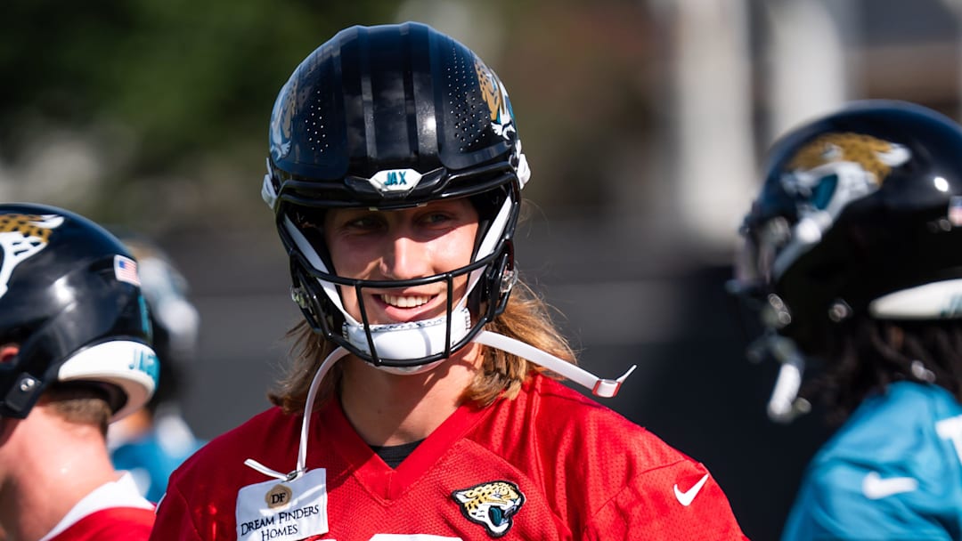 Jacksonville Jaguars quarterback Trevor Lawrence (16) was all smiles during the Jacksonville Jaguars’ third mandatory minicamp Thursday June 12, 2025 at the Miller Electric Center in Jacksonville, Fla. 