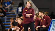 Feb 2, 2025; Los Angeles, California, USA; Minnesota Golden Gophers head coach Dawn Plitzuweit on the sidelines during the fourth quarter against the UCLA Bruins at Pauley Pavilion presented by Wescom. Mandatory Credit: Robert Hanashiro-Imagn Images