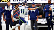 Nov 16, 2025; Inglewood, California, USA; Seattle Seahawks wide receiver Jaxon Smith-Njigba (11) makes a one handed catch during the first half against the Los Angeles Rams at SoFi Stadium. Mandatory Credit: Gary A. Vasquez-Imagn Images