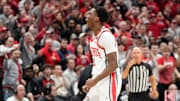 Mar 26, 2024; Columbus, OH, USA; Ohio State Buckeyes guard Dale Bonner (4) celebrates a three pointer during the second half of the NIT quarterfinals against the Georgia Bulldogs at Value City Arena. Ohio State lost 79-77.