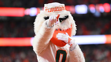 Nov 30, 2024; Syracuse, New York, USA; Miami Hurricanes mascot Sebastian gestures to fans against the Syracuse Orange during the second halff at the JMA Wireless Dome. Mandatory Credit: Rich Barnes-Imagn Images
