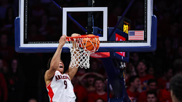 Mar 4, 2025; Tucson, Arizona, USA; Arizona Wildcats forward Carter Bryant (9) dunks the ball during the first half against the Arizona State Sun Devils at McKale Center. Mandatory Credit: Aryanna Frank-Imagn Images