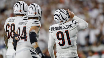 Sep 25, 2023; Cincinnati, Ohio, USA; Cincinnati Bengals defensive end Trey Hendrickson (91) reacts after a play against the Los Angeles Rams in the second half at Paycor Stadium. Mandatory Credit: Katie Stratman-Imagn Images