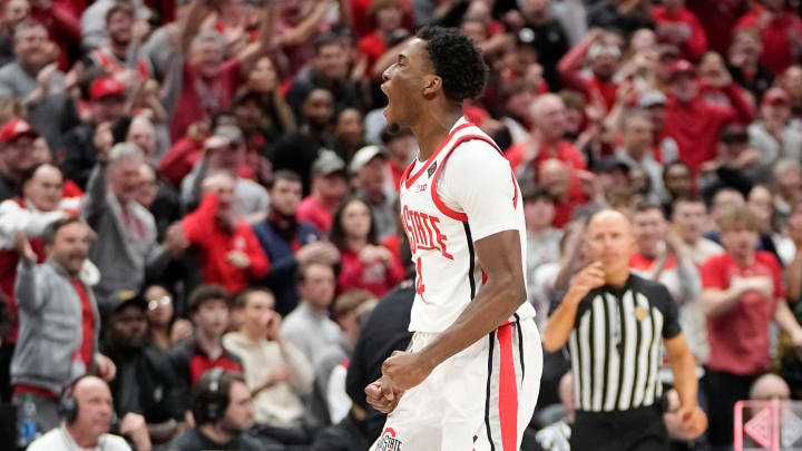 Mar 26, 2024; Columbus, OH, USA; Ohio State Buckeyes guard Dale Bonner (4) celebrates a three pointer during the second half of the NIT quarterfinals against the Georgia Bulldogs at Value City Arena. Ohio State lost 79-77.