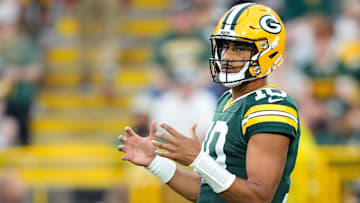 Aug 9, 2025; Green Bay, Wisconsin, USA;  Green Bay Packers quarterback Jordan Love (10) calls a play during the first quarter against the New York Jets at Lambeau Field. Mandatory Credit: Kayla Wolf-Imagn Images