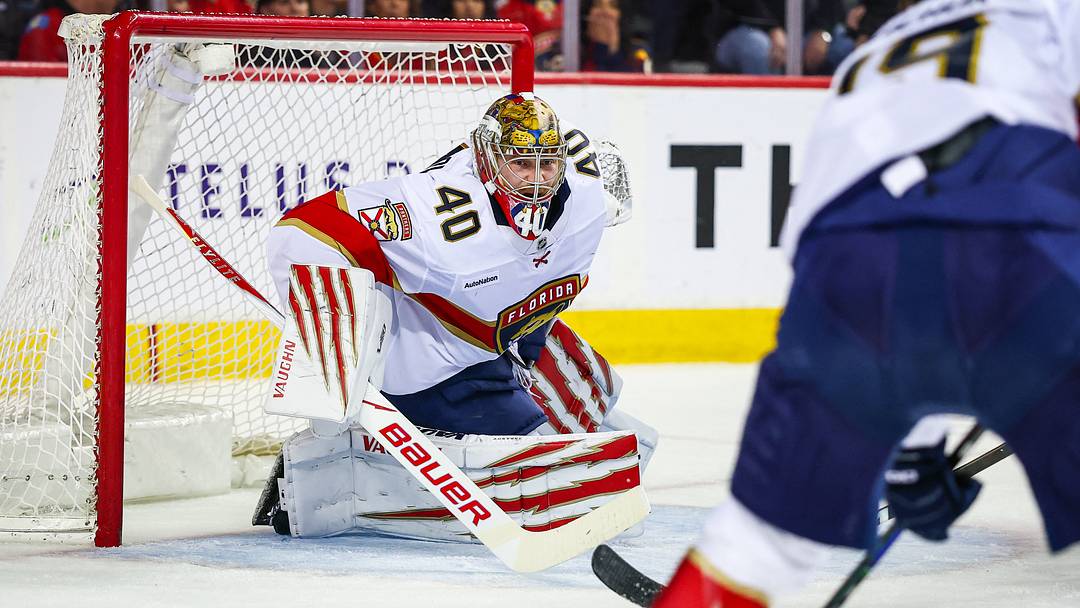 Mar 20, 2026; Calgary, Alberta, CAN; Florida Panthers goaltender Daniil Tarasov (40) guards his net against the Calgary Flames during the second period at Scotiabank Saddledome. Mandatory Credit: Sergei Belski-Imagn Images