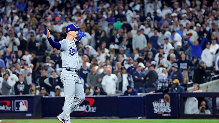 Oct 30, 2024; New York, New York, USA; Los Angeles Dodgers pitcher Walker Buehler (21) celebrates after beating the New York Yankees in game four to win the 2024 MLB World Series at Yankee Stadium. Mandatory Credit: Brad Penner-Imagn Images