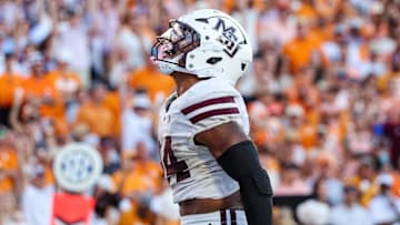 Sep 27, 2025; Starkville, Mississippi, USA; Mississippi State Bulldogs running back Fluff Bothwell (24) celebrates after a touchdown against the Tennessee Volunteers during the second half at Davis Wade Stadium at Scott Field. Mandatory Credit: Wesley Hale-Imagn Images