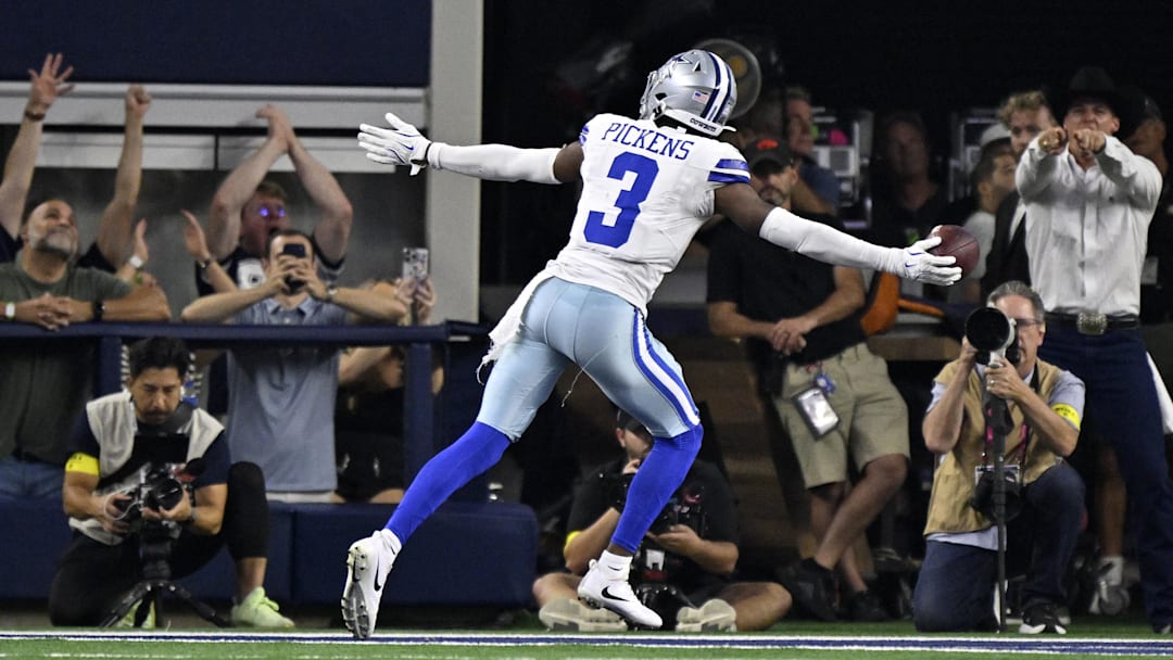 Sep 28, 2025; Arlington, Texas, USA;  Dallas Cowboys wide receiver George Pickens (3) celebrates after scoring a touchdown against the Green Bay Packers in the fourth quarter at AT&T Stadium.