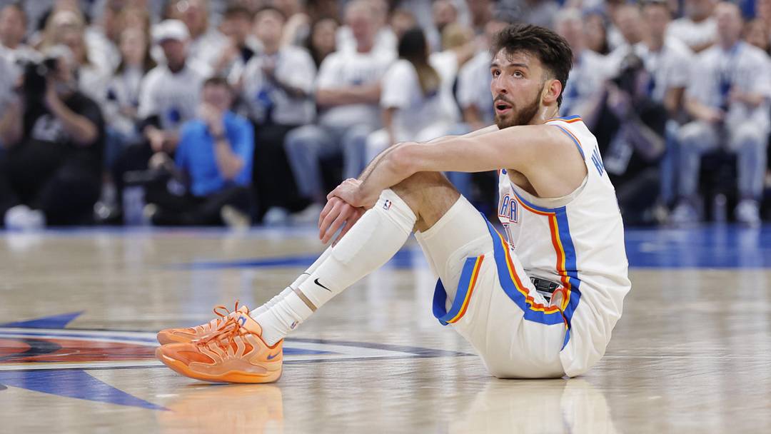 May 26, 2026; Oklahoma City, Oklahoma, USA; Oklahoma City Thunder center Chet Holmgren (7) reacts after a play during the third quarter against the San Antonio Spurs in game five of the western conference finals for the 2026 NBA playoffs at Paycom Center. Mandatory Credit: Alonzo Adams-Imagn Images May 26, 2026; Oklahoma City, Oklahoma, USA; Oklahoma City Thunder center Chet Holmgren (7) reacts after a play during the third quarter against the San Antonio Spurs in game five of the western conference finals for the 2026 NBA playoffs at Paycom Center. Mandatory Credit: Alonzo Adams-Imagn Images