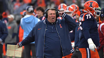 Nov 16, 2024; Champaign, Illinois, USA;  Illinois Fighting Illini head coach Bret Bielema reacts during the second half against the Michigan State Spartans at Memorial Stadium. Mandatory Credit: Ron Johnson-Imagn Images