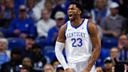 Nov 4, 2025; Lexington, Kentucky, USA; Kentucky Wildcats forward Mouhamed Dioubate (23) reacts after making a basket during the first half against the Nicholls Colonels at Rupp Arena at Central Bank Center. Mandatory Credit: Jordan Prather-Imagn Images