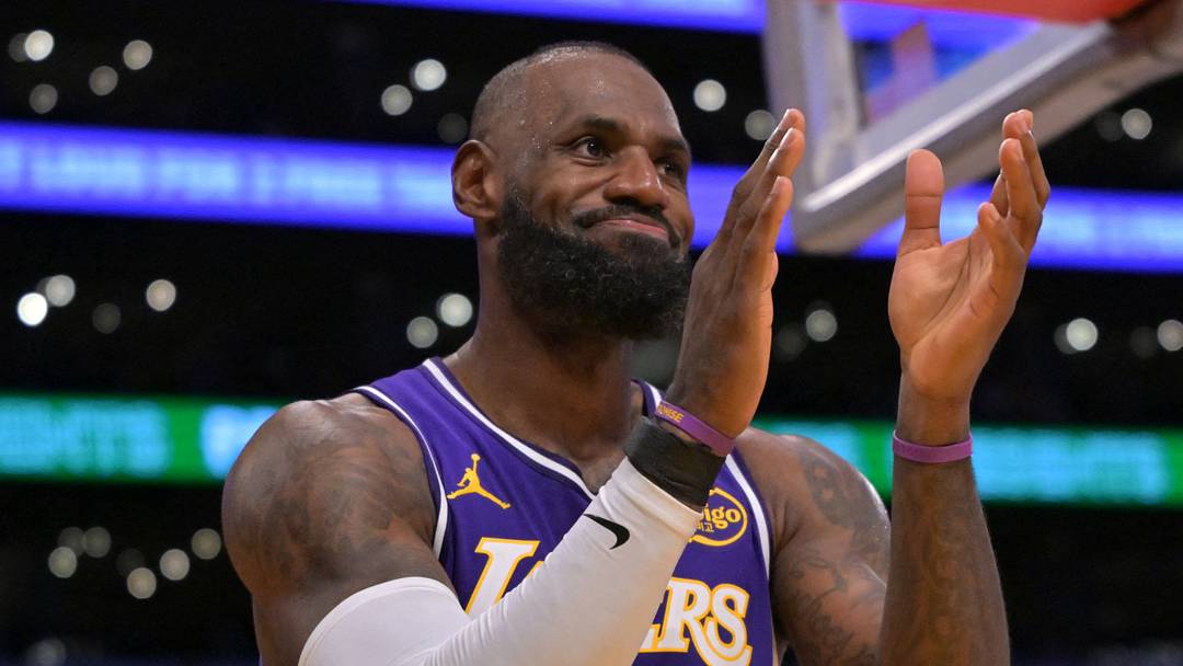 Dec 10, 2025; Los Angeles, California, USA; Los Angeles Lakers forward Lebron James (23) reacts after a missed basket during the second half against the San Antonio Spurs at Crypto.com Arena. Mandatory Credit: Jayne Kamin-Oncea-Imagn Images