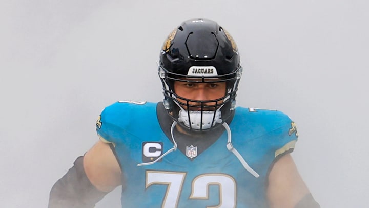 Jacksonville Jaguars center Robert Hainsey (73) is introduced before an NFL football game at EverBank Stadium, Sunday, Dec. 7, 2025, in Jacksonville, Fla. 