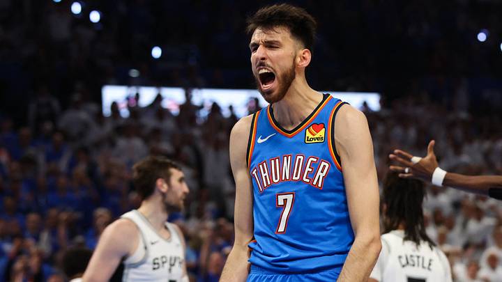 May 20, 2026; Oklahoma City, Oklahoma, USA; Oklahoma City Thunder center Chet Holmgren (7) reacts after a slam dunk during the third quarter against the San Antonio Spurs during game two of the western conference finals for the 2026 NBA playoffs at Paycom Center. Mandatory Credit: Brett Rojo-Imagn Images