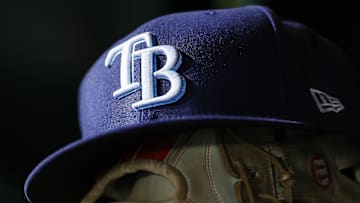 Apr 3, 2023; Washington, District of Columbia, USA; A general view of a Tampa Bay Rays hat and glove during the seventh inning of the game against the Washington Nationals at Nationals Park. 