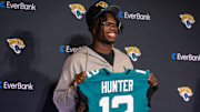 Apr 25, 2025; Jacksonville, FL, USA; Jacksonville Jaguars first round draft pick Travis Hunter poses for a photo during a press conference at Miller Electric Center. Mandatory Credit: Travis Register-Imagn Images
